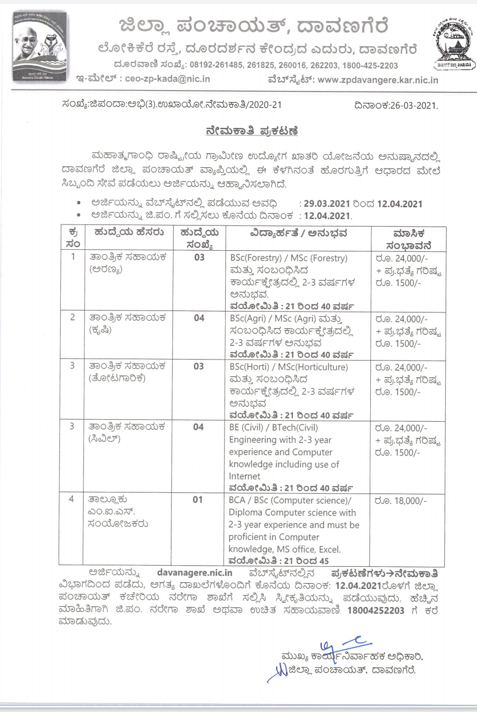 ದಾವಣಗೆರೆ ಜಿಲ್ಲಾ ಪಂಚಾಯತ್ : ವಿವಿಧ ಹುದ್ದೆಗೆ ಅರ್ಜಿ ಆಹ್ವಾನ 2