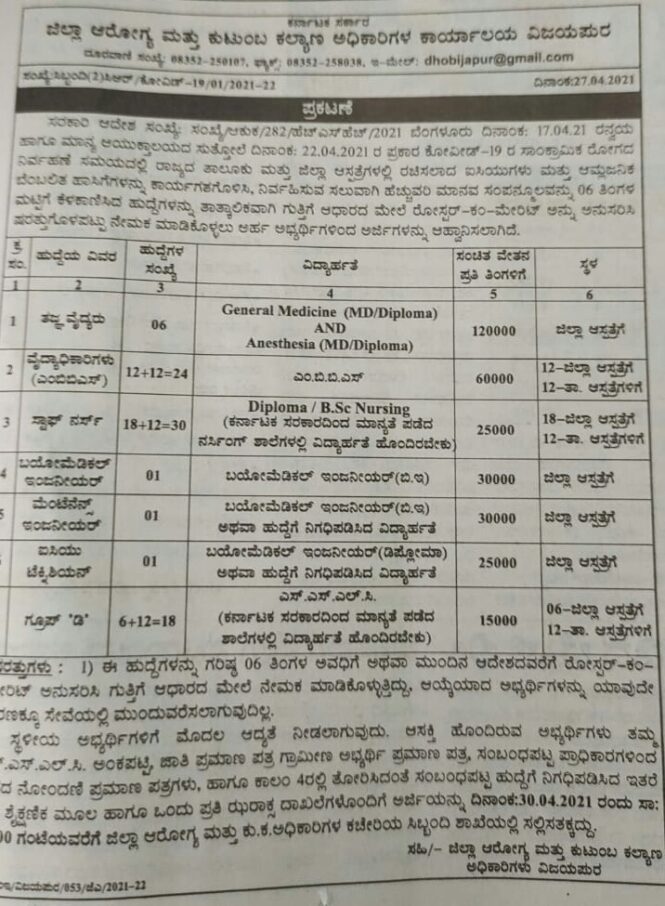 ಜಿಲ್ಲಾ ಆರೋಗ್ಯ ಮತ್ತು ಕುಟುಂಬ ಕಲ್ಯಾಣ ಕಾರ್ಯಾಲಯದಲ್ಲಿ ಖಾಲಿ ಹುದ್ದೆ ಭರ್ತಿಗೆ ನೇಮಕ