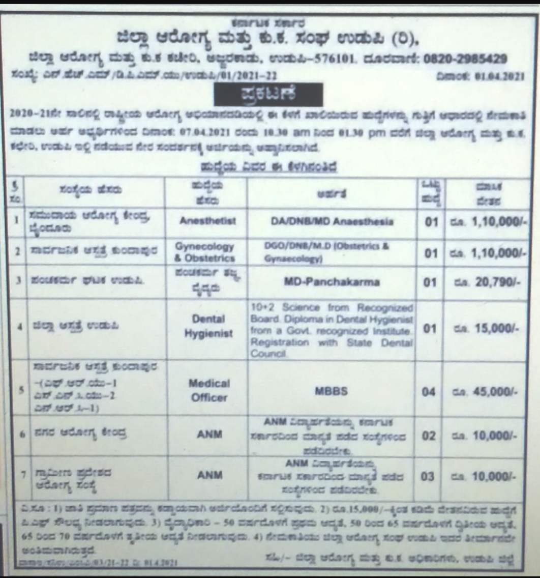 DHFWS ಉಡುಪಿ : ವಿವಿಧ ಹುದ್ದೆಗಳಿಗೆ ಅರ್ಜಿ ಆಹ್ವಾನ 2